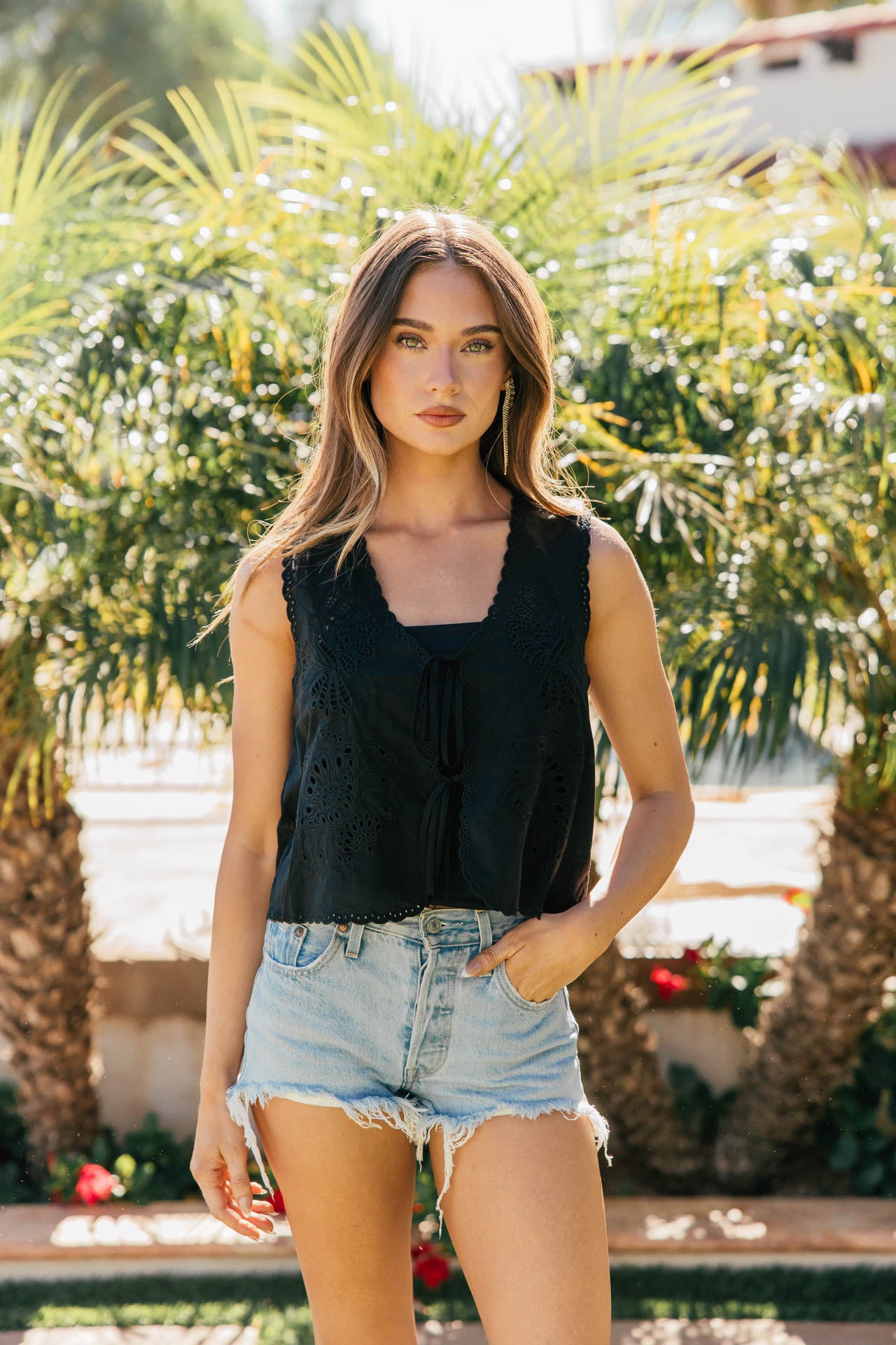 NEW!! Embroidered Front Tie Eyelet Top in Black