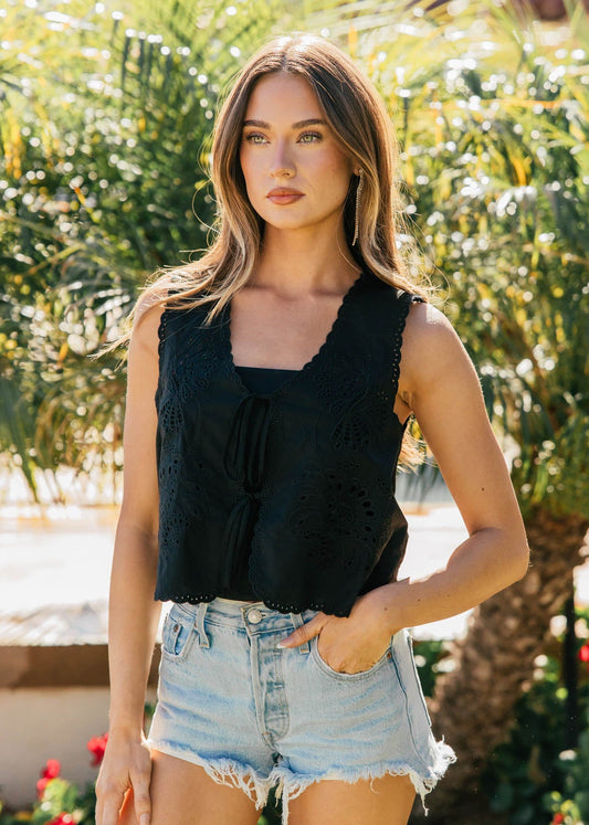 NEW!! Embroidered Front Tie Eyelet Top in Black