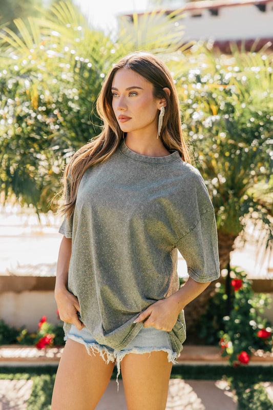 NEW!! "Brooklyn" Acid Wash Rhinestone Tee in Olive