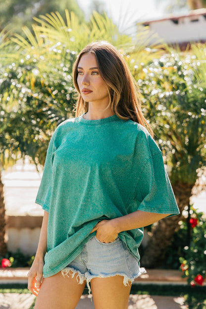 NEW!! "Brooklyn" Acid Wash Rhinestone Tee in Teal