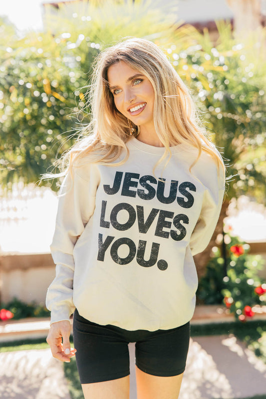 NEW!! “Jesus Loves You" Sweatshirt in Sand