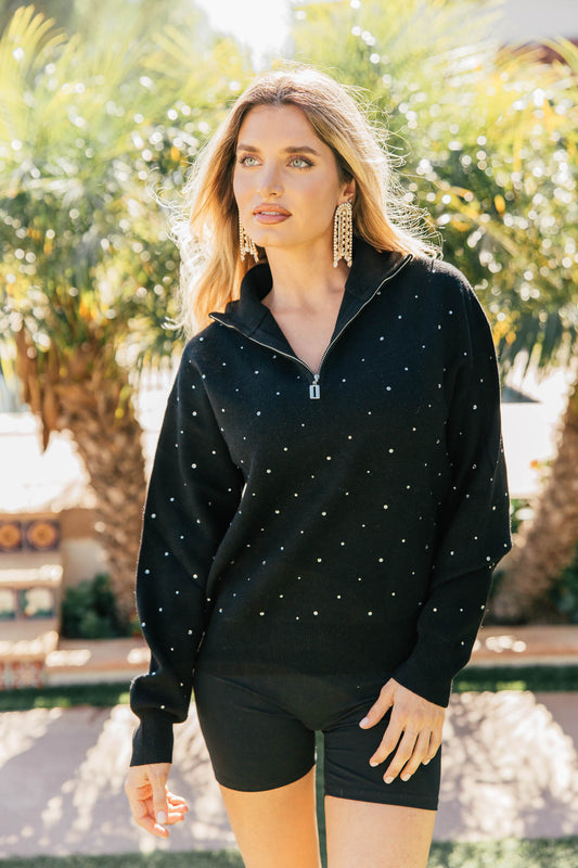 NEW!! Rhinestone Half Zip Sweatshirt in Black
