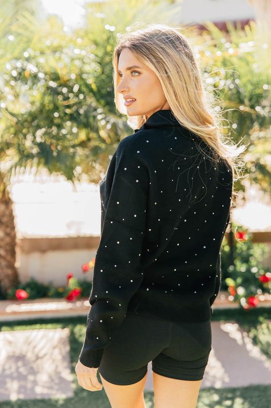 NEW!! Rhinestone Half Zip Sweatshirt in Black