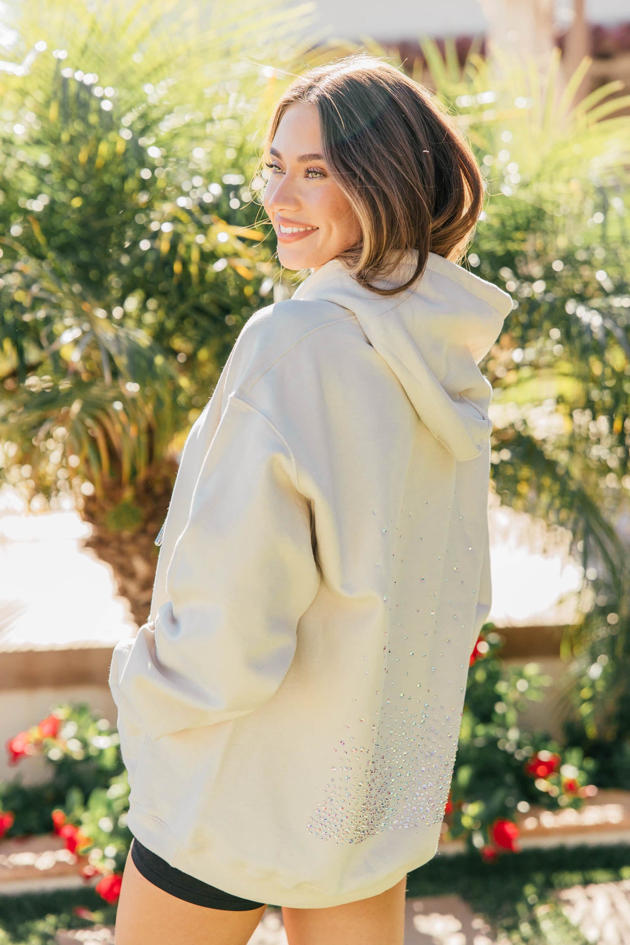 NEW!! Crystal Drawstring Sweatshirt w/ Cluster in Tan