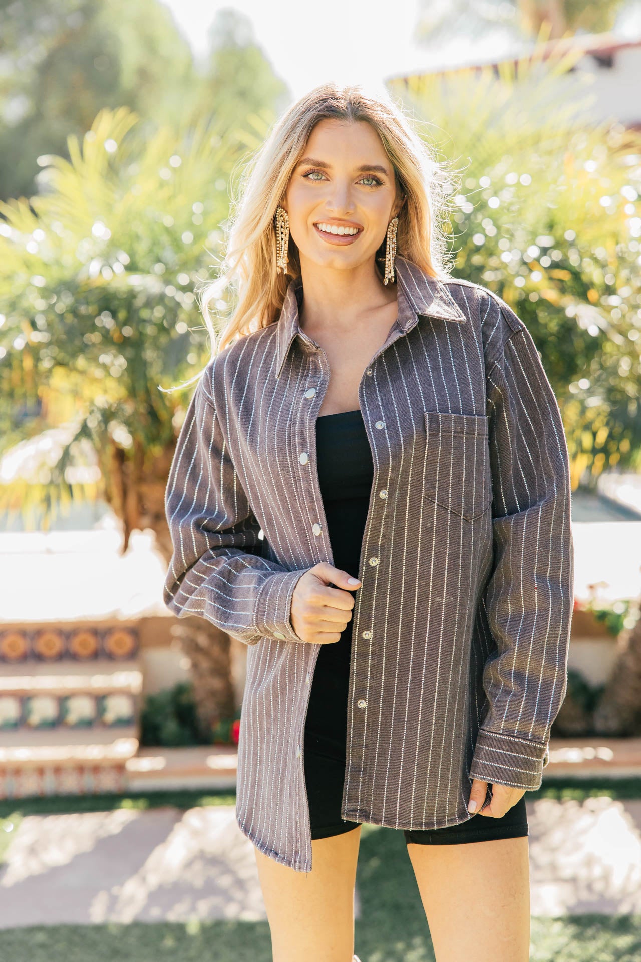 BEST SELLER!! Crystal Striped Denim Shacket Black