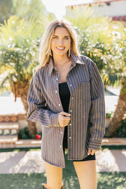 BEST SELLER!! Crystal Striped Denim Shacket Black