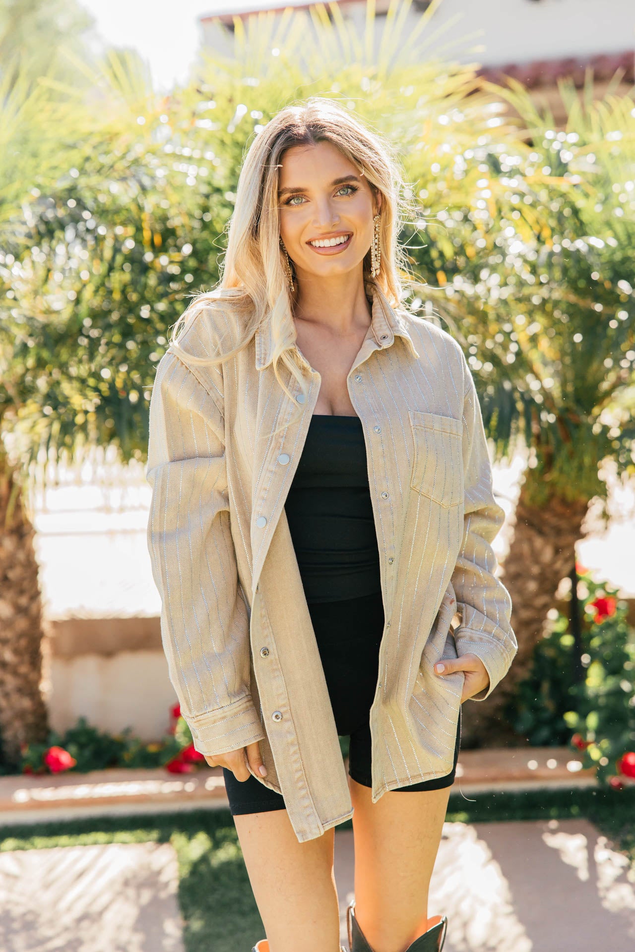 BEST SELLER!! Crystal Striped Denim Shacket in Beige