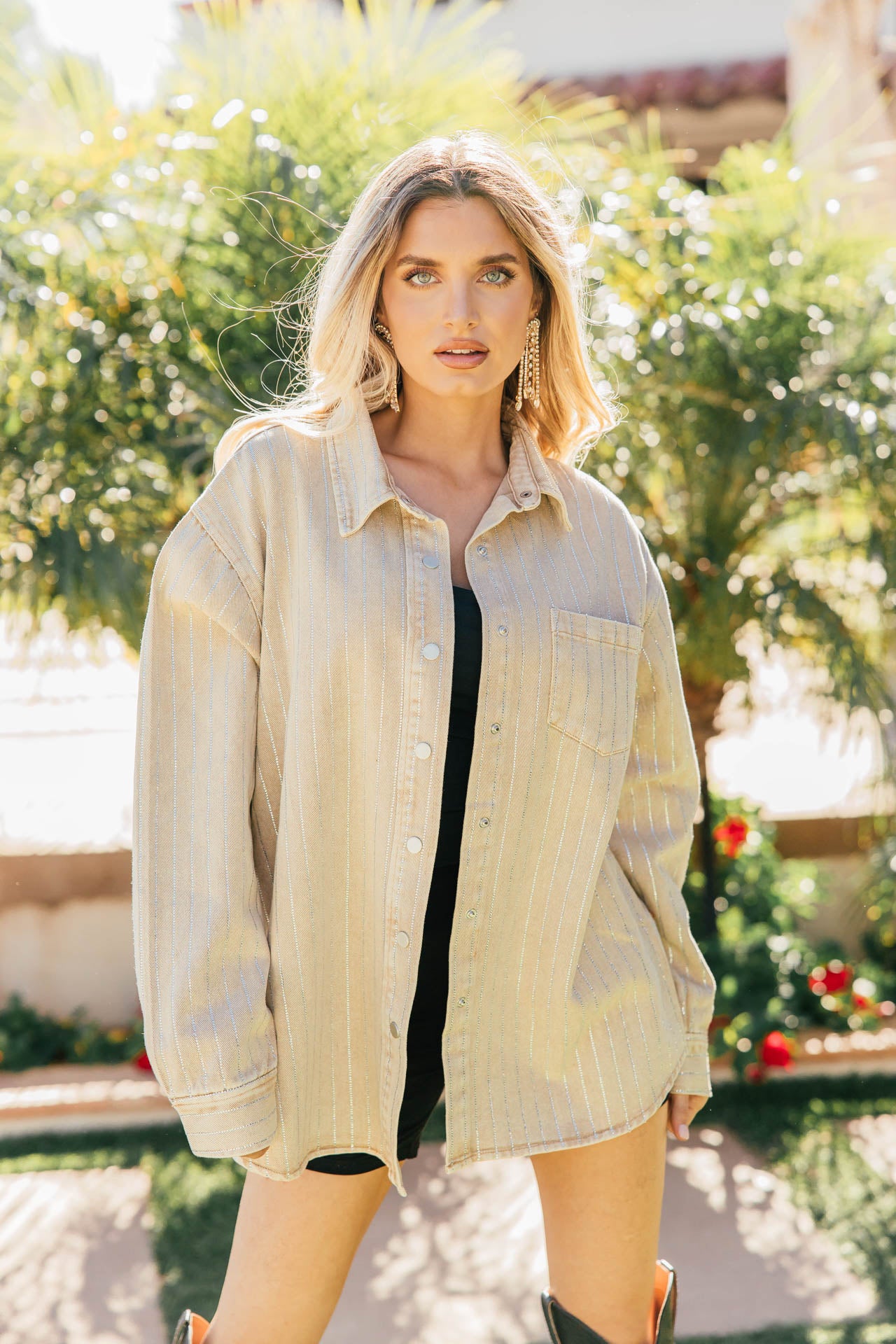 BEST SELLER!! Crystal Striped Denim Shacket in Beige