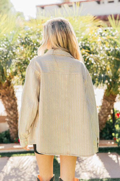BEST SELLER!! Crystal Striped Denim Shacket in Beige