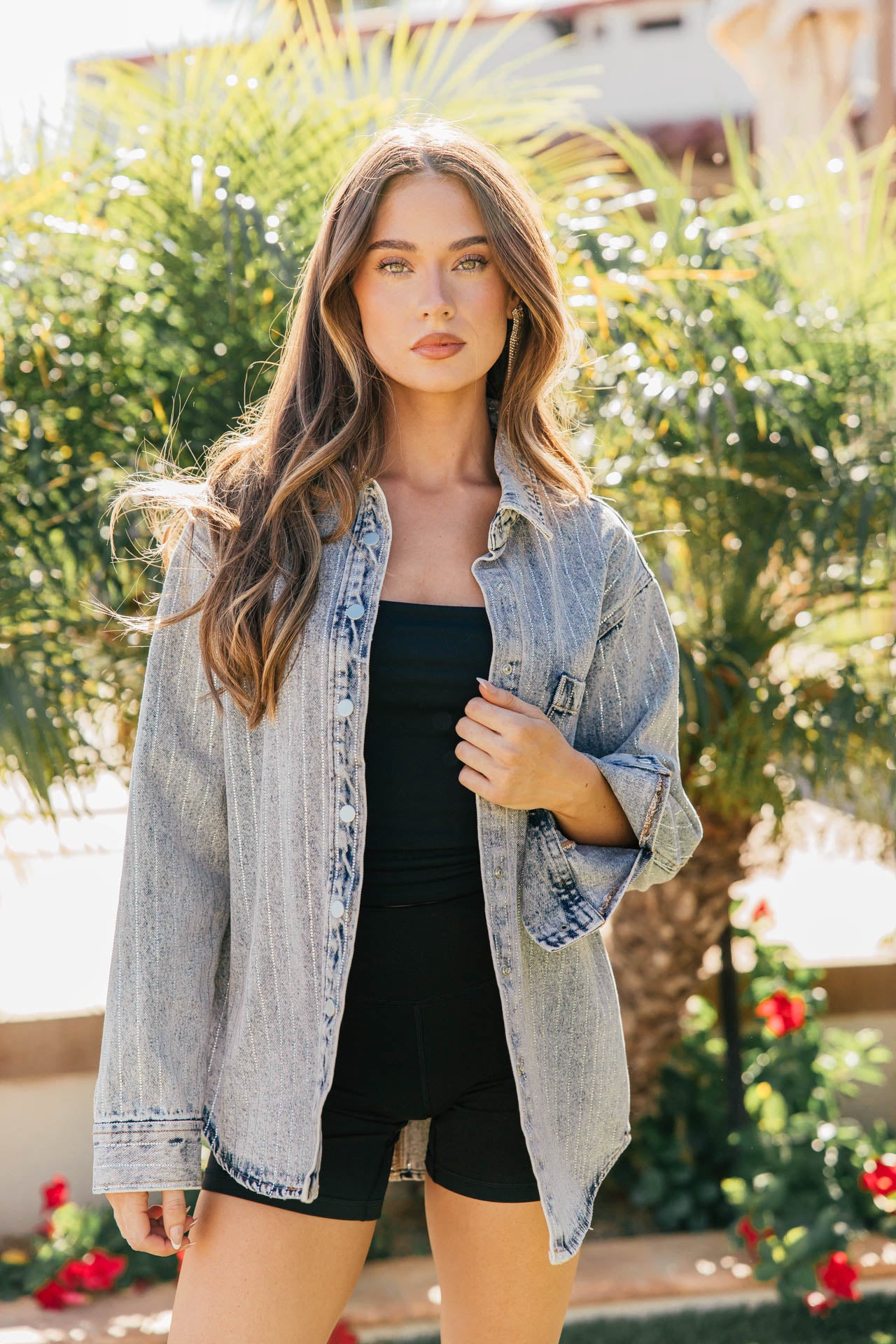 BEST SELLER!! Crystal Striped Denim Shacket in Blue Denim