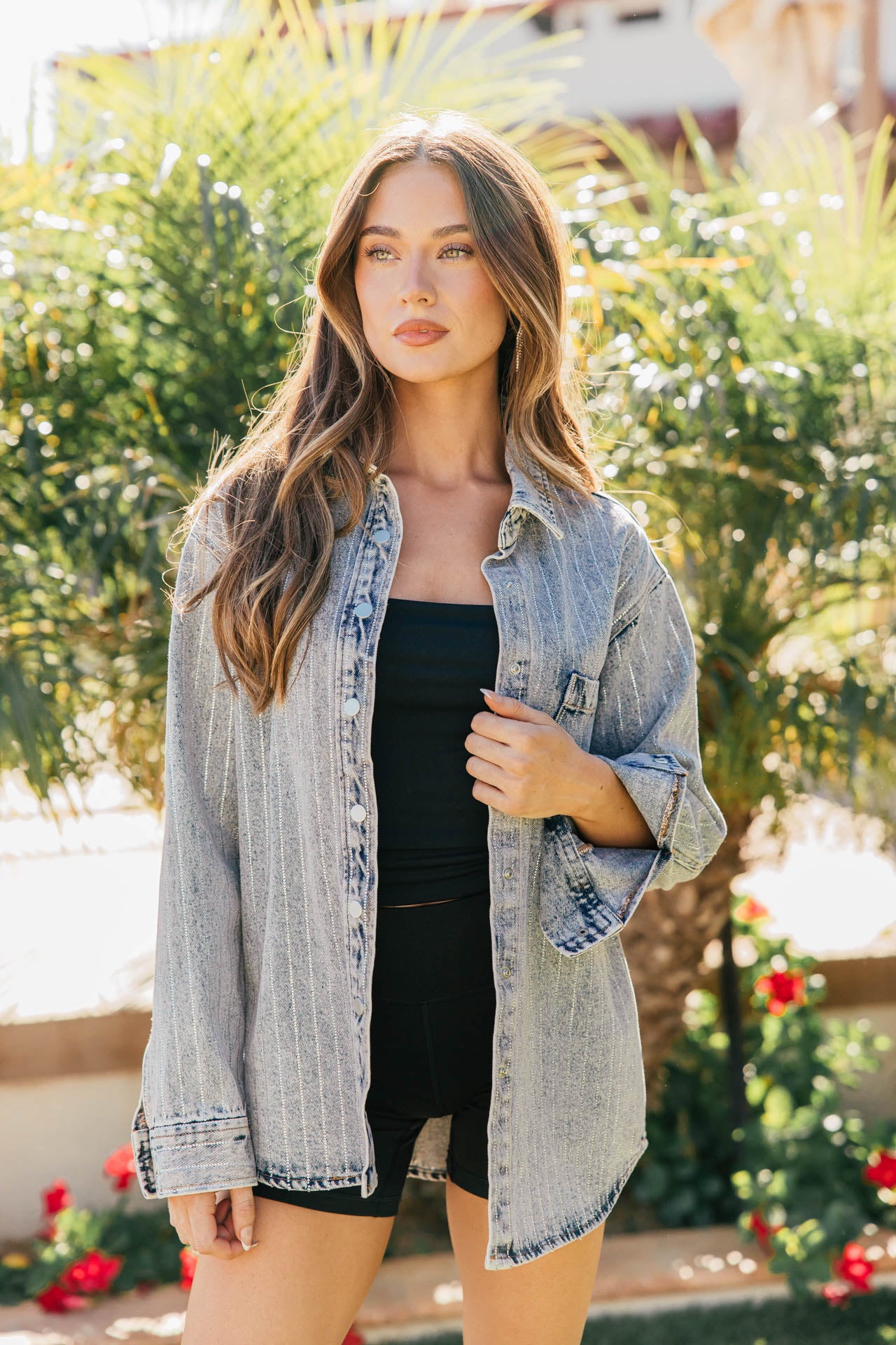 BEST SELLER!! Crystal Striped Denim Shacket in Blue Denim