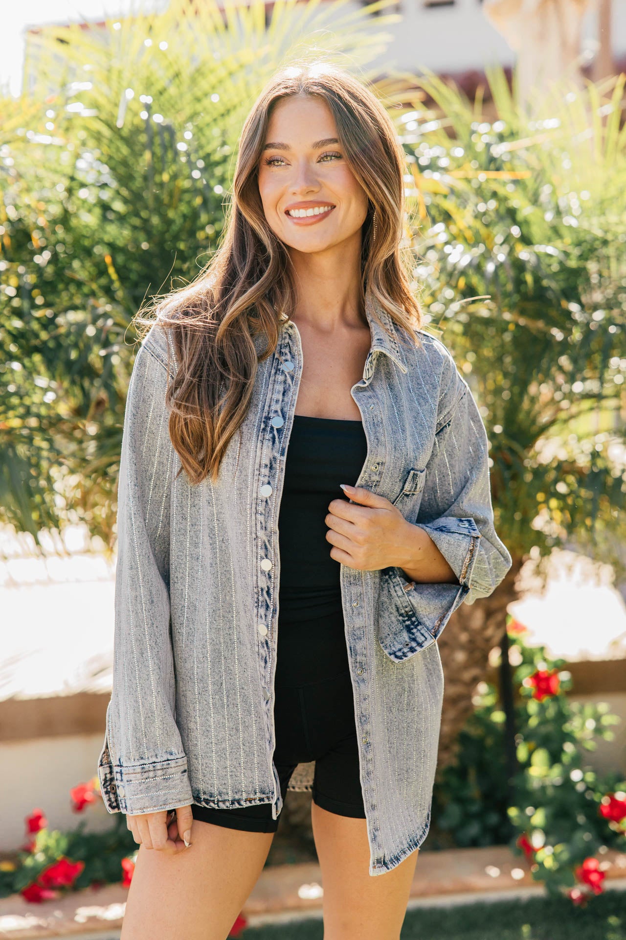 BEST SELLER!! Crystal Striped Denim Shacket in Blue Denim