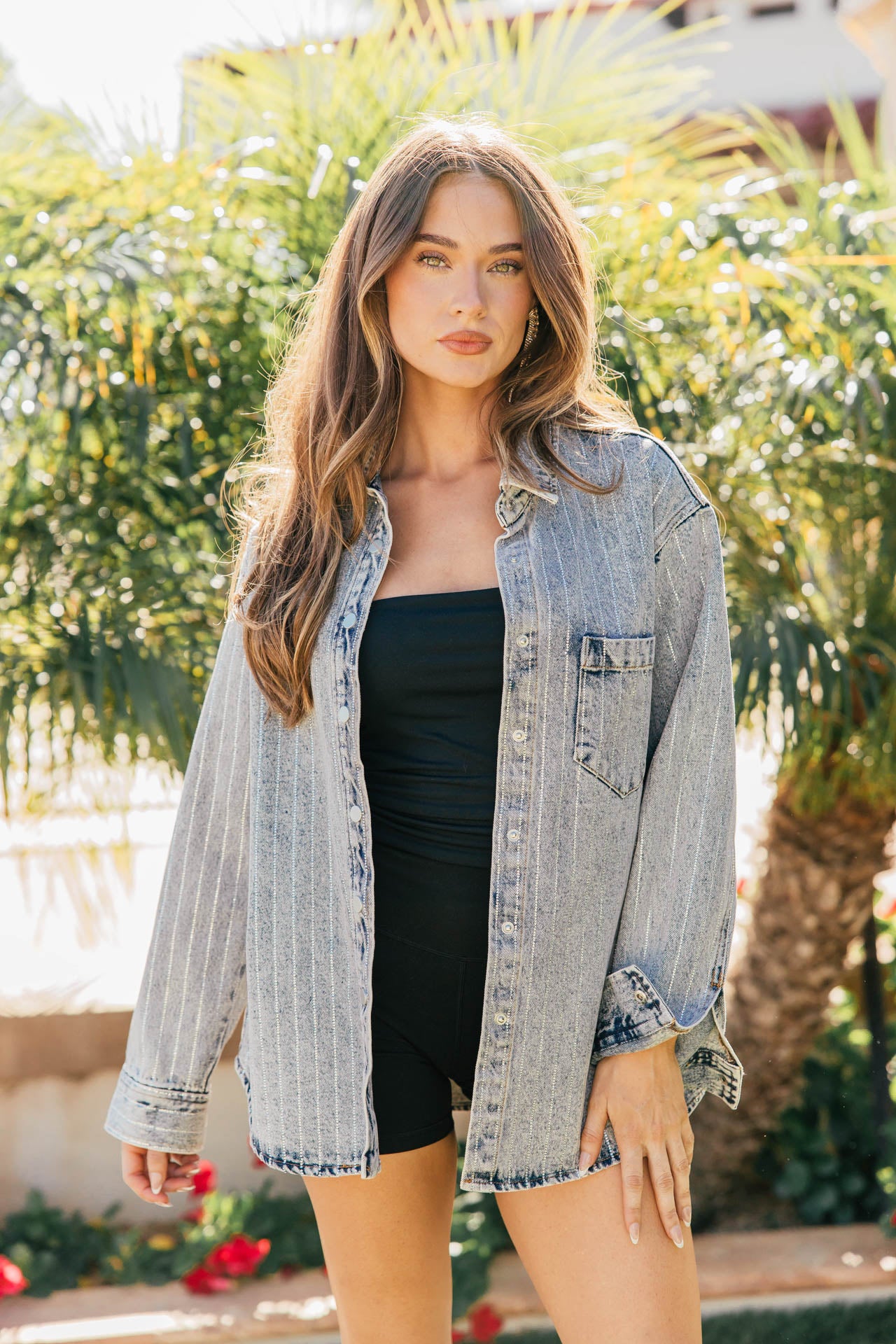 BEST SELLER!! Crystal Striped Denim Shacket in Blue Denim