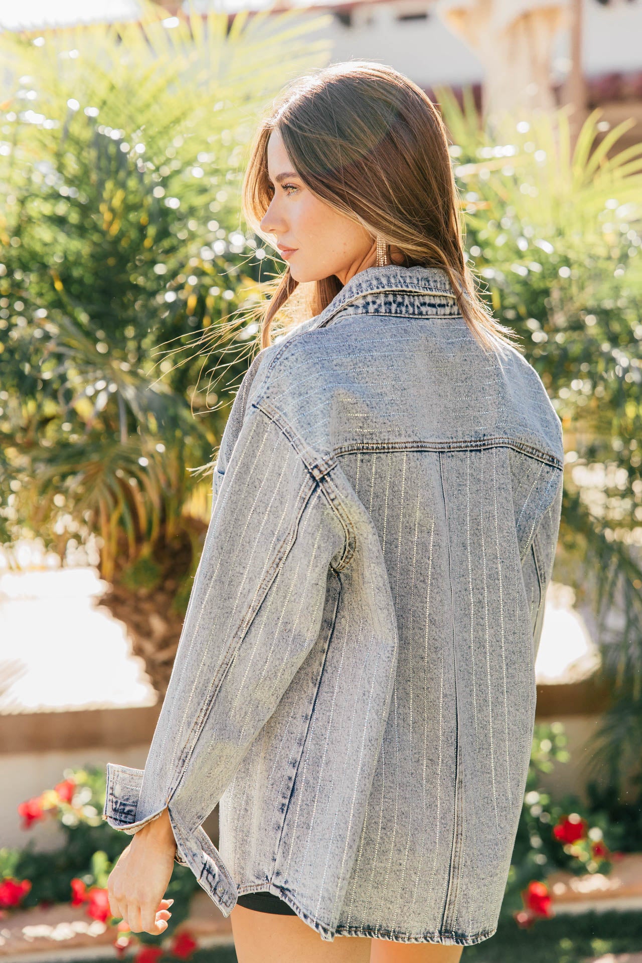 BEST SELLER!! Crystal Striped Denim Shacket in Blue Denim