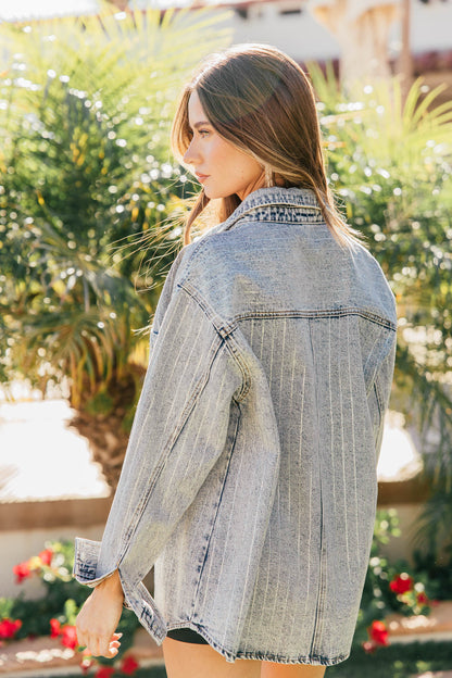 BEST SELLER!! Crystal Striped Denim Shacket in Blue Denim