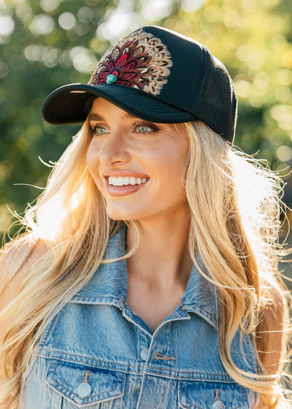 NEW!! Feather Trucker Hat in Black