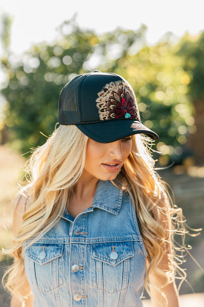 NEW!! Feather Trucker Hat in Black