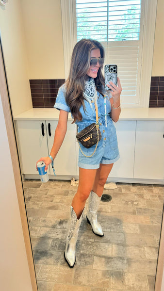 AS SEEN ON JESSICA FAY!! The Cannon Romper in Blue Denim by Show Me Your Mumu