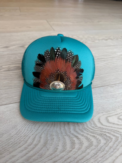 Feather Trucker Hat in Turquoise
