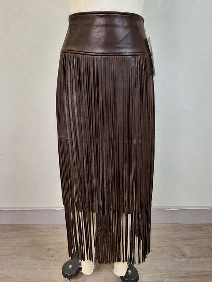 "Runway" Leather Fringe Skirt in Brown - PREORDER