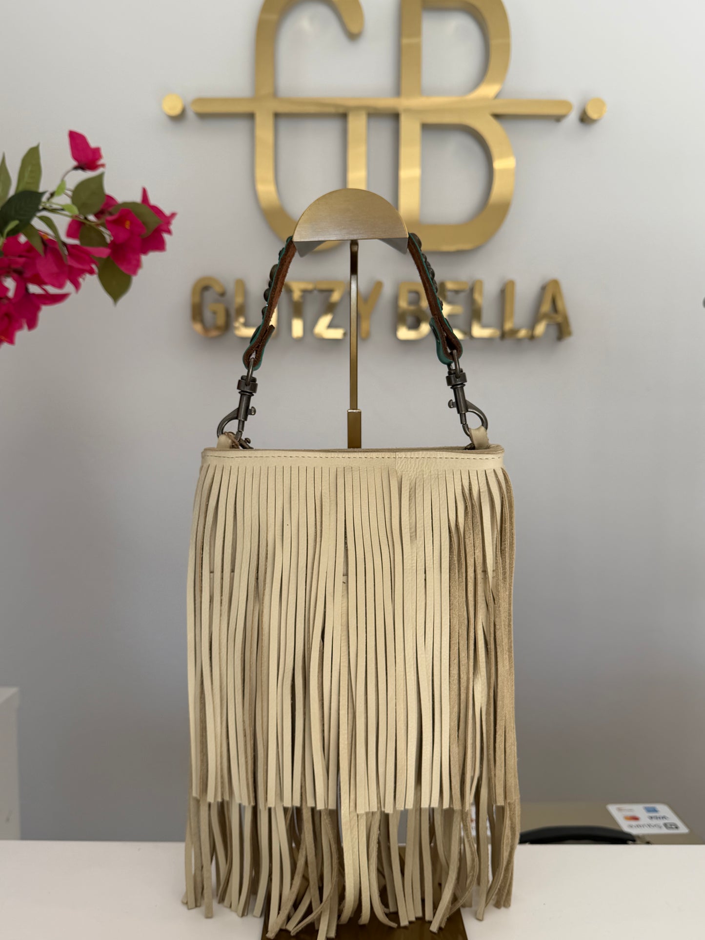 Eggshell Fringe Crossbody w/ Turquoise Strap