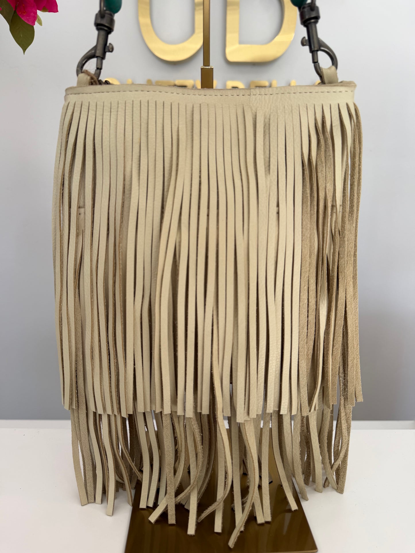 Eggshell Fringe Crossbody w/ Turquoise Strap