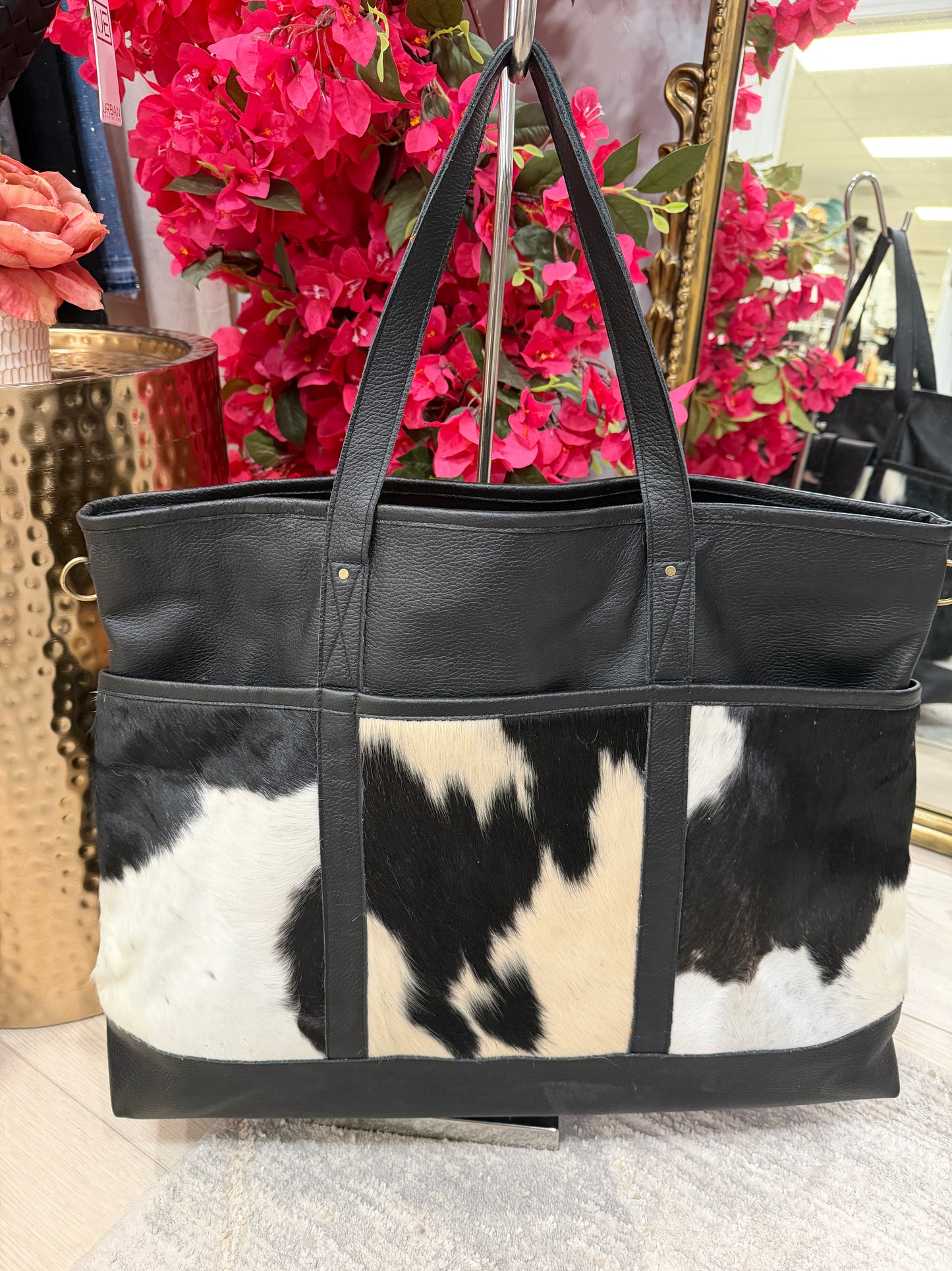 EXCLUSIVE!! Leather and Cowhide Travel Bag in Black & White