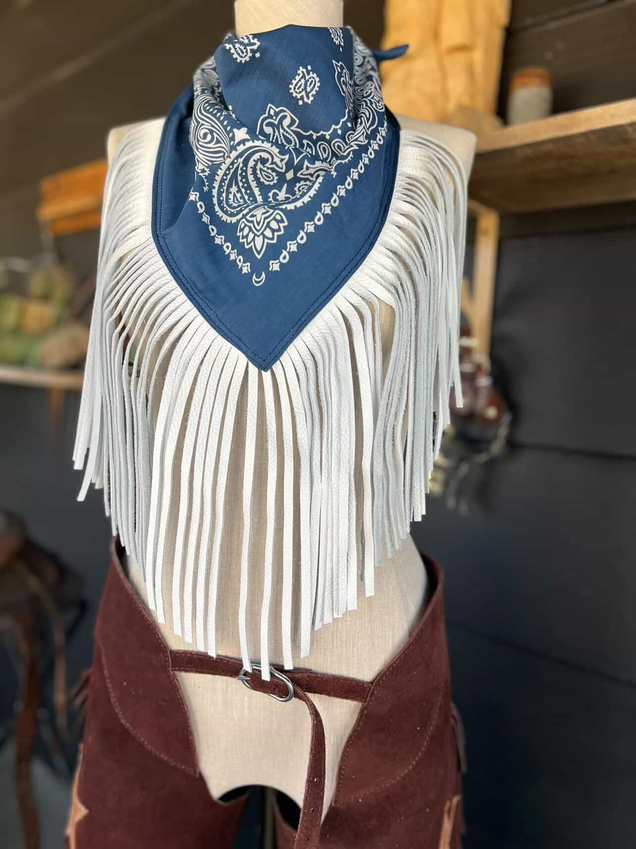 Leather Fringe Bandana in Navy/White