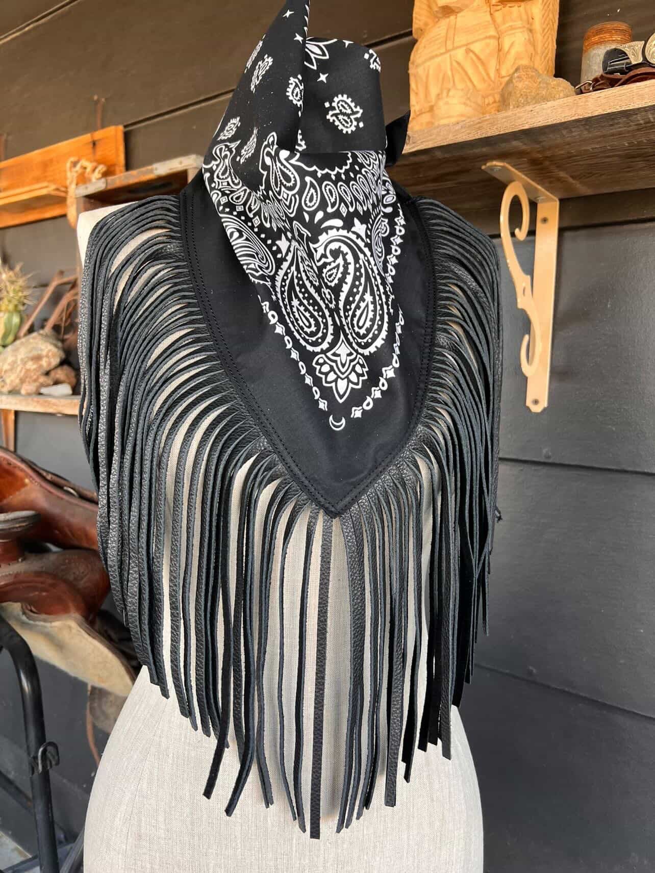 Leather Fringe Bandana in Black on Black