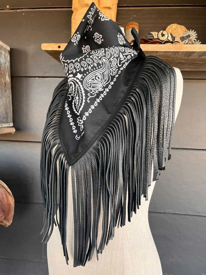 Leather Fringe Bandana in Black on Black