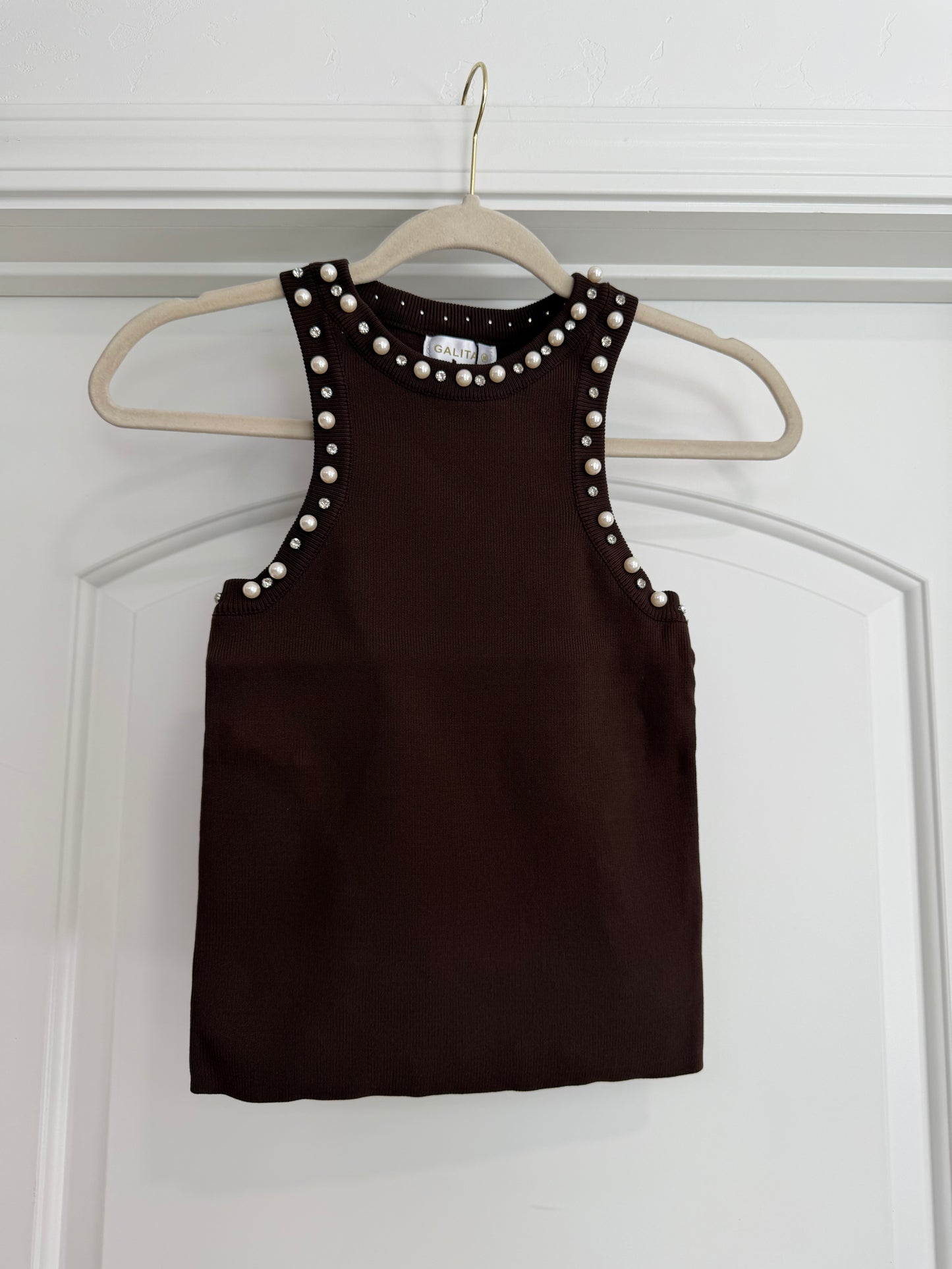 NEW!! Rhinestone and Pearl Tank in Brown