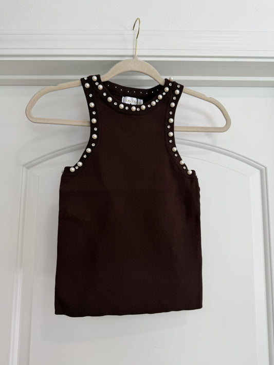 NEW!! Rhinestone and Pearl Tank in Brown