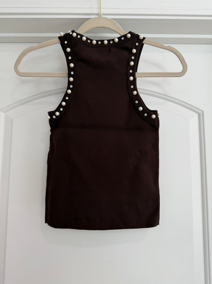 NEW!! Rhinestone and Pearl Tank in Brown