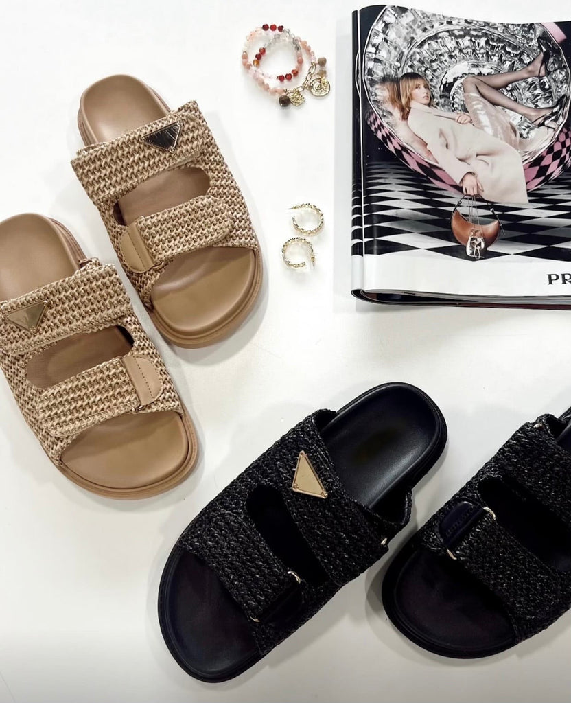 BEST SELLER!! The Tuscany Raffia Slide in Black