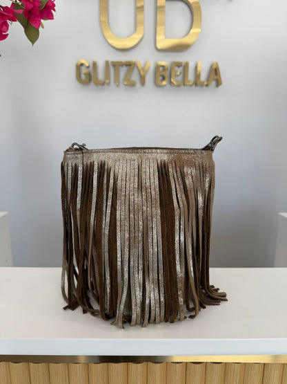Metallic Gold Fringe Bucket Bag in Mini