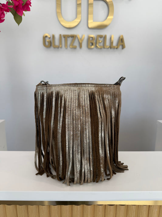 Metallic Gold Fringe Bucket Bag in Mini