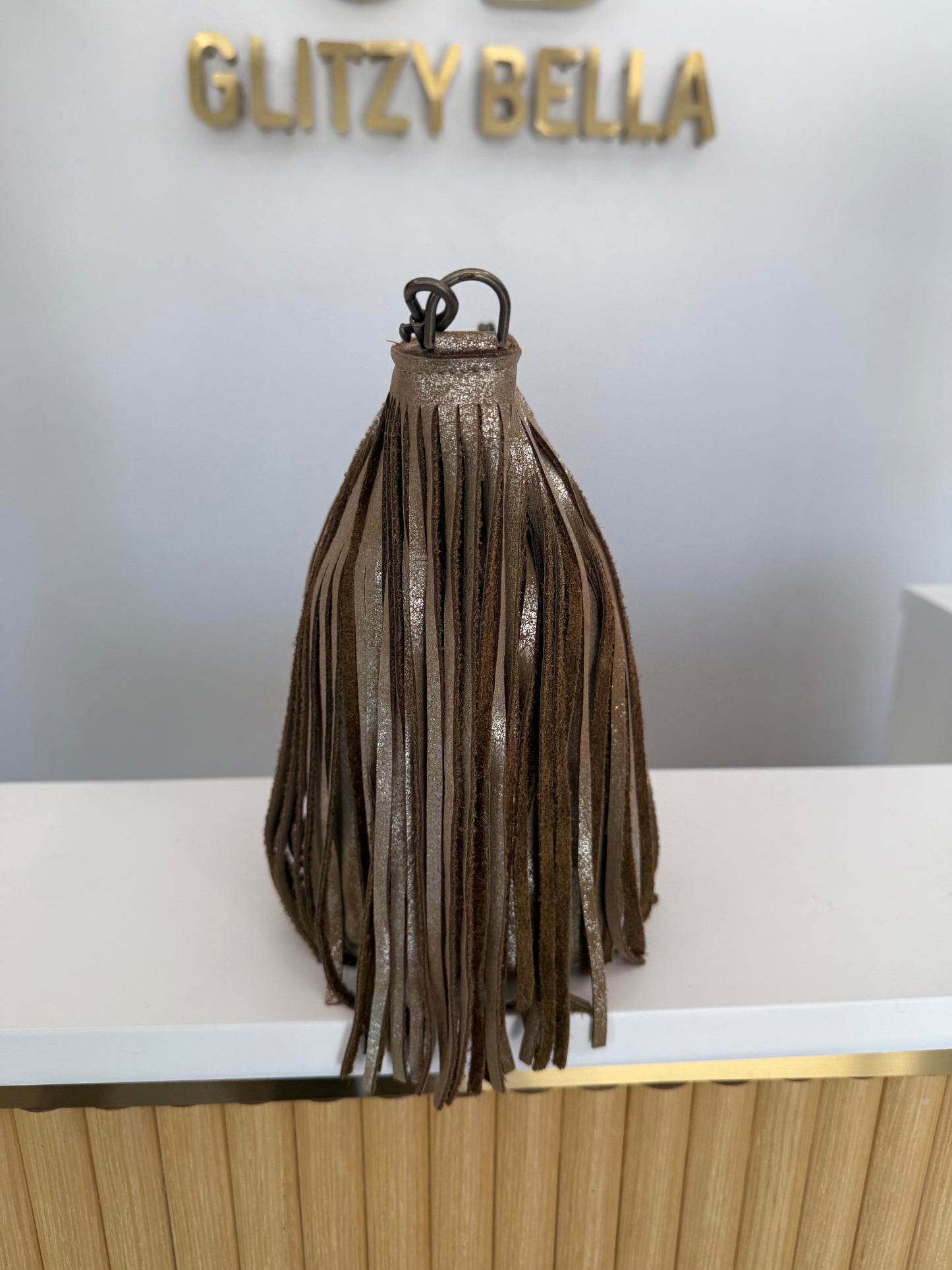 Metallic Gold Fringe Bucket Bag in Mini