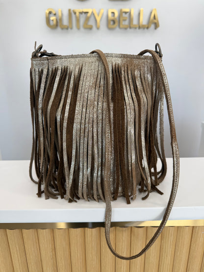 Metallic Gold Fringe Bucket Bag in Mini