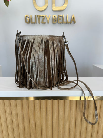 Metallic Gold Fringe Bucket Bag in Mini