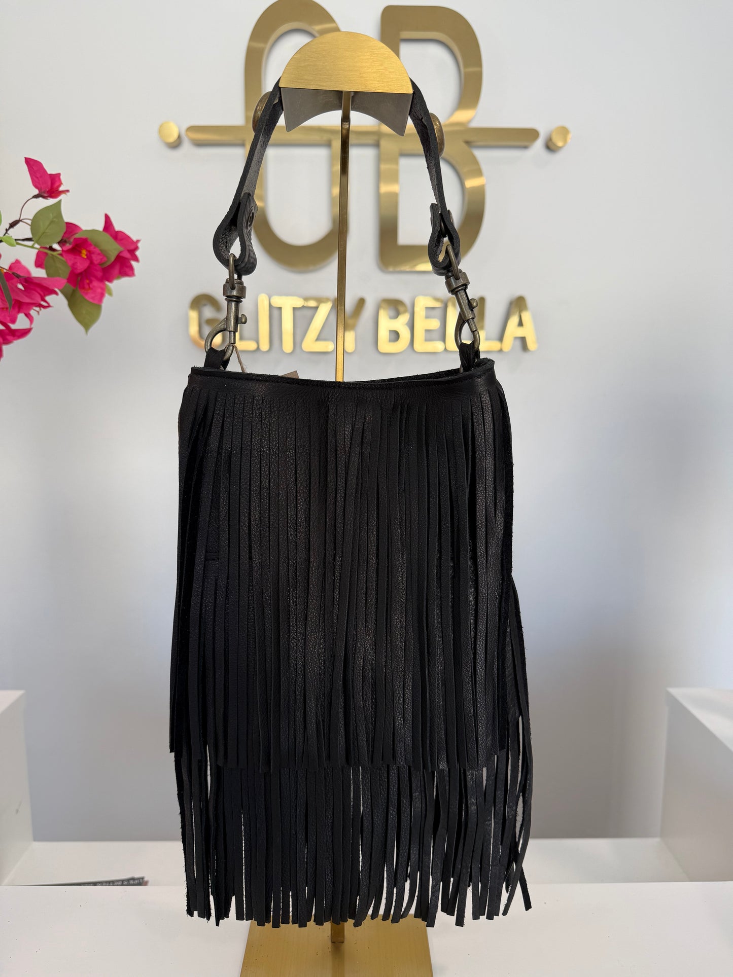 Black Fringe Crossbody w/ Black Stud Strap