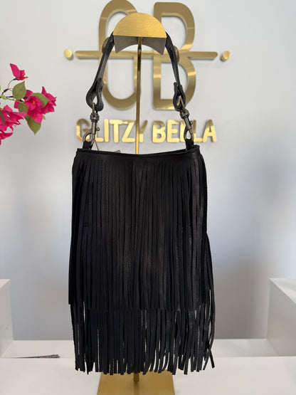Black Fringe Crossbody w/ Black Stud Strap