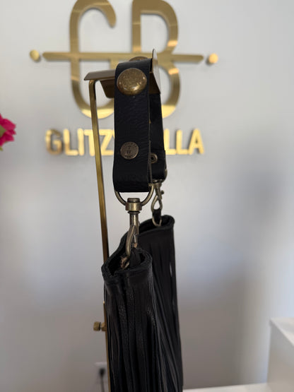 Black Fringe Crossbody w/ Black Stud Strap