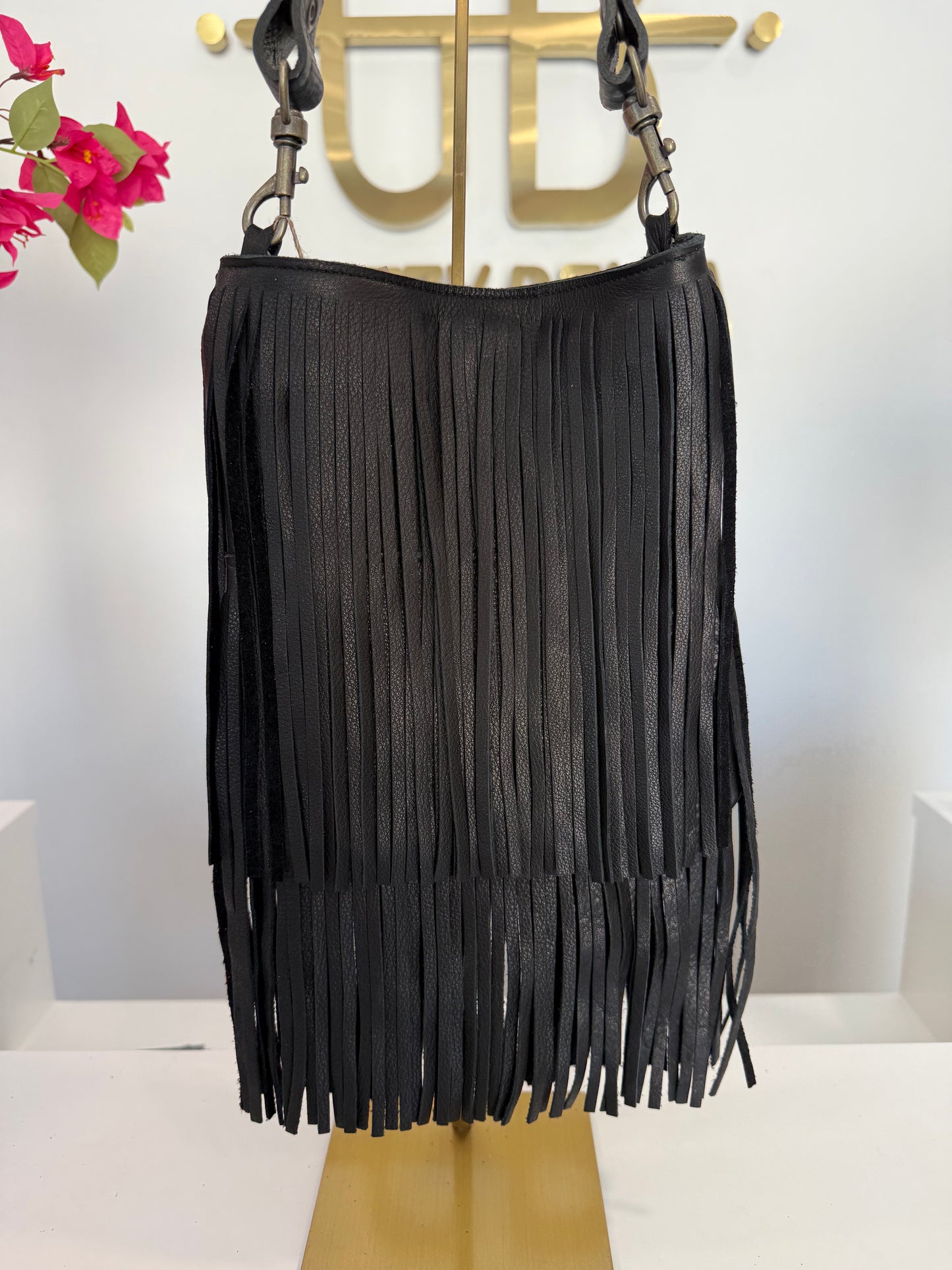 Black Fringe Crossbody w/ Black Stud Strap