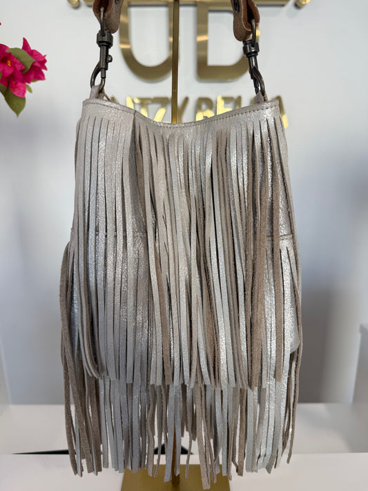 Silver Fringe Crossbody w/ Nude Strap
