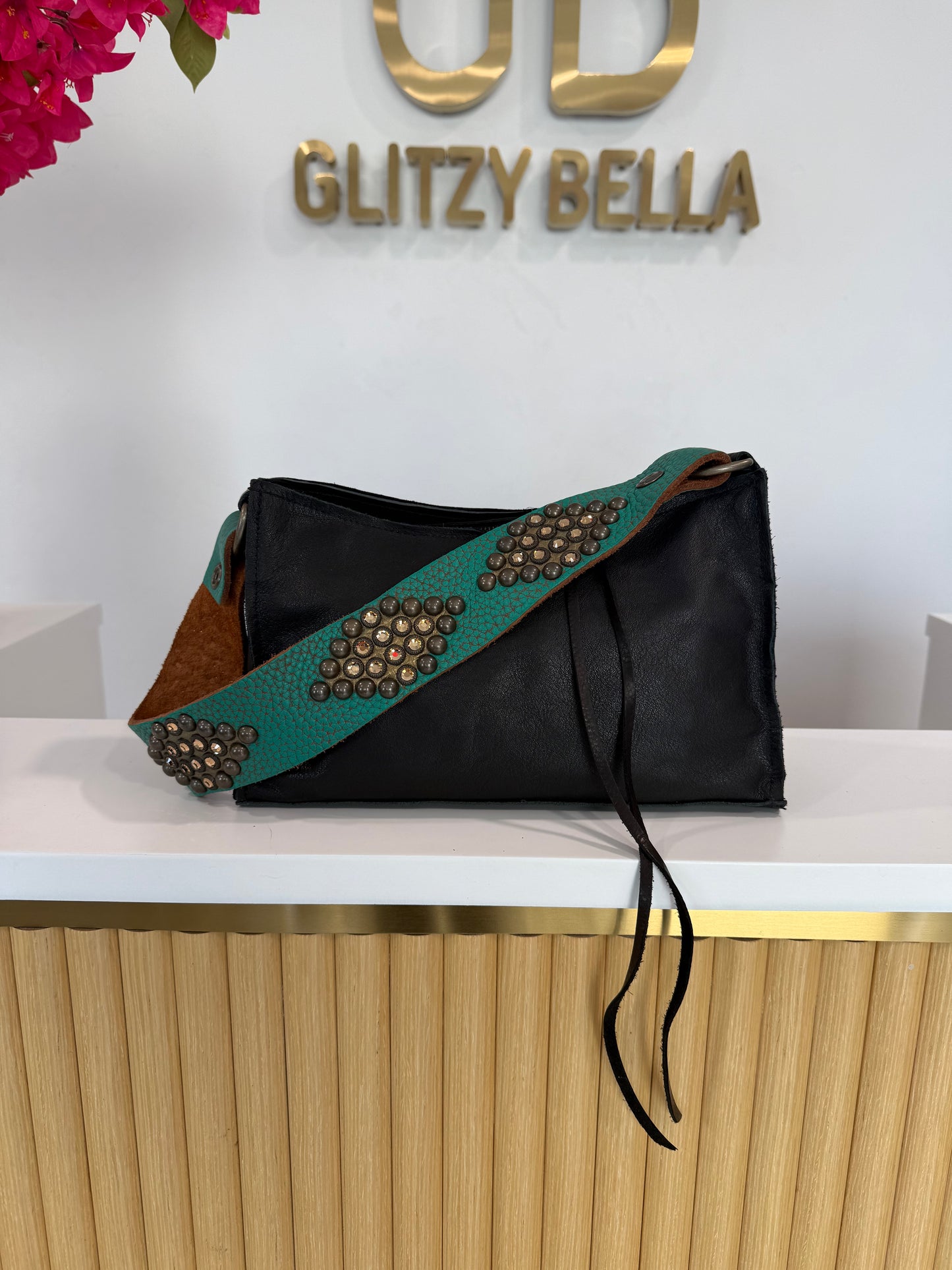The "Bella" Mini Bag in Black w/ Turquoise Strap