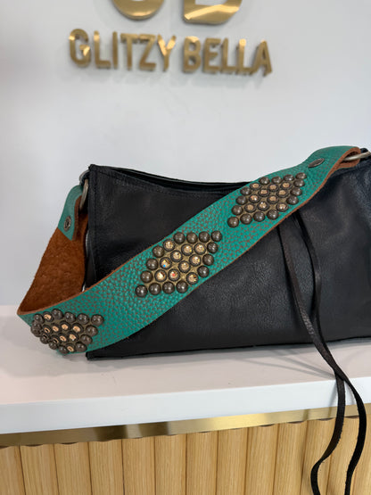 The "Bella" Mini Bag in Black w/ Turquoise Strap