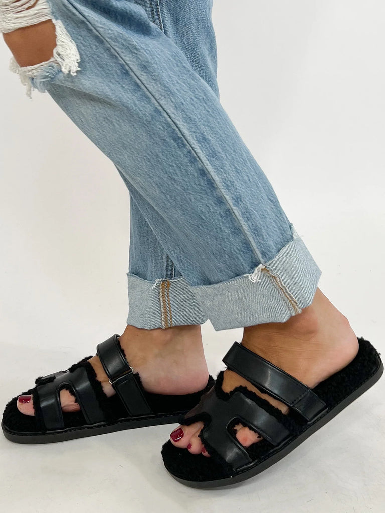 NEW!! Teddy Sherpa & Faux Leather Velcro Slides in Black