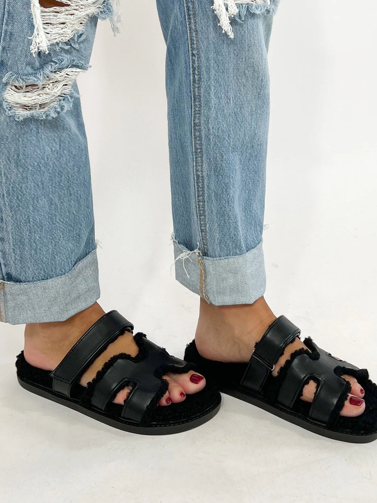 NEW!! Teddy Sherpa & Faux Leather Velcro Slides in Black
