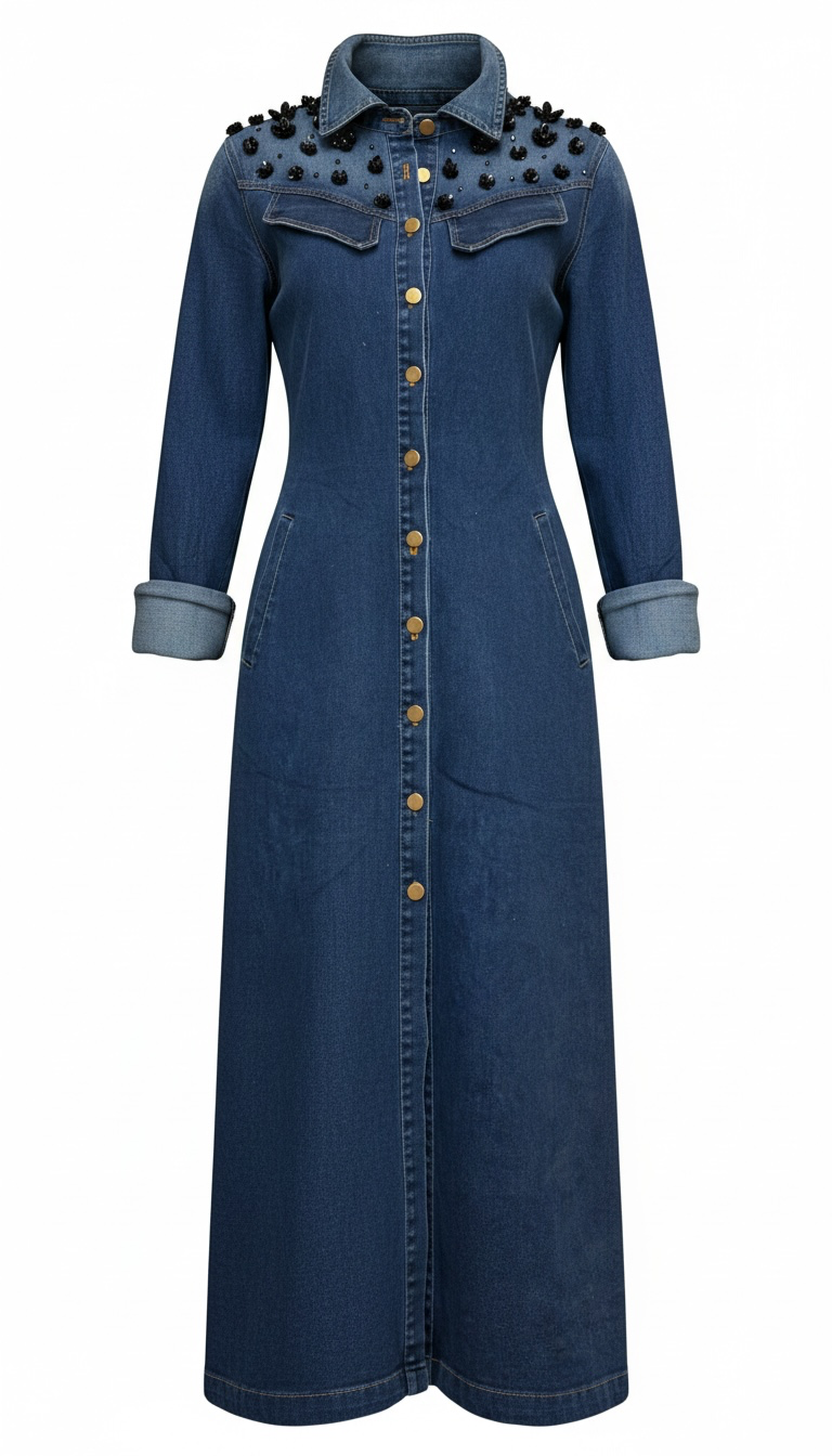 Dark Denim Dress w/ Shoulder Embellishment