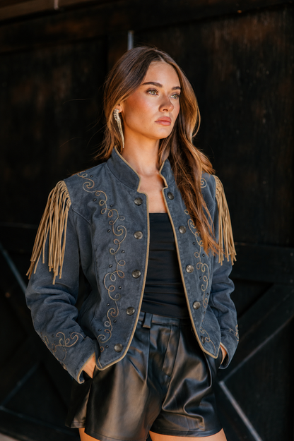 Vintage Blue/Grey Suede Fringe Jacket Size Medium